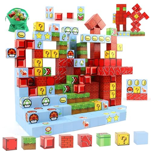 128 Stück Magnetische Bausteine,Bauen Magnetische Blöcke Welt,Magnetic Building Blocks,Magnetisches Spielzeug für Jungen und Mädchenim,Montessori Spielzeug ab 3Jahre Geschenk für Kinder（2.5CM/Stück)