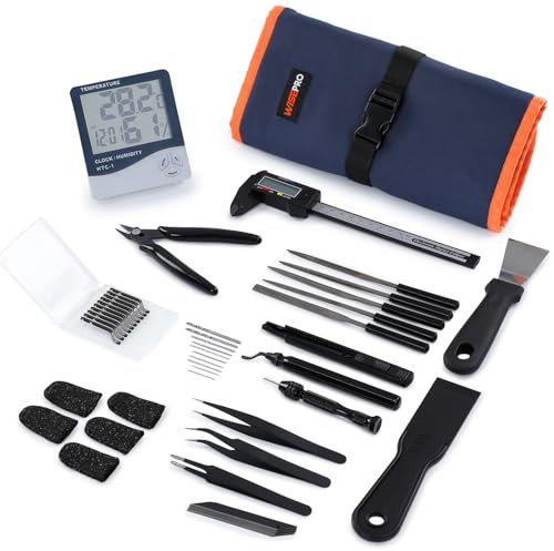52PCS 3D Printing Tool Kit, 3D Printer Accessories Kit Includes Deburring Tool, Sanding Kit, Scraper, Caliper, hygrometer & therommeter and Bag, 3d Printer Tool Kit for Removing, Triming and Finishing