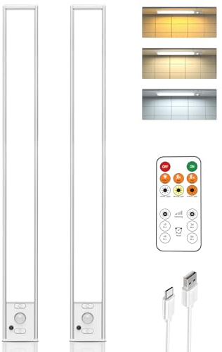 16inch Under Cabinet Lighting with Remote, LED Motion Sensor Light Indoor, 4000mAh Rechargeable Closet Lights, 3 Color Temps Wireless Under Counter Lights for Kitchen, Pantry, Stair, 2 Pack
