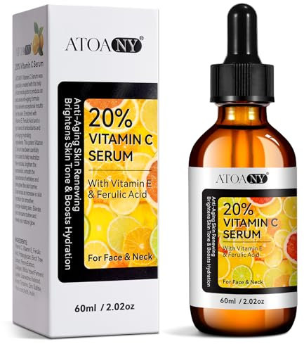 Vitamin C Serum 60ml, Siero Vitamina C con acido laluronico, vitamina E, aloe, Formula Naturale Antirughe con Acido ferulico, Biologico,Vegano,Idratante e Illuminante. Ideale anche Come Crema Contorno