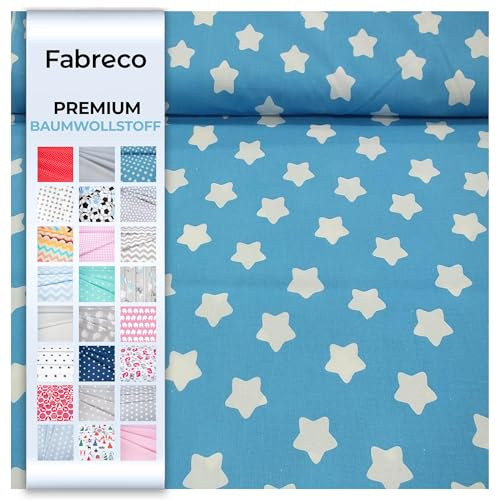 Fabreco - Baumwollstoff Meterware - 220g/lfm | Stoff Meterware mit Muster: Große Sterne blau 4cm | Weich, langlebig & hautfreundlich
