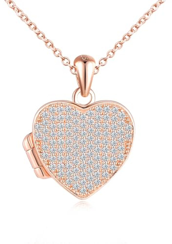 Zirkon Herz Foto Kette Silber 925 mit Bild: Halskette Damen Mädchen Medaillon zum Öffnen für Bilder-Brillante Luxus Anhänger Ketten Amulett Schmuck-Liebe Geschenk für Frauen Mama Freundin Tochter