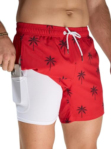 Arcweg Badshorts för herr 2 i 1 med fodrade boxare för män med kompressionsfoder snabbtorkande strandshorts, Rött och svart kokosnöt, XXL