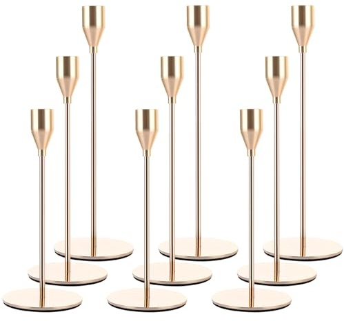 AHAQU Juego de 9 portavelas dorados, portavelas de metal para velas cónicas, soporte alto para velas de 3/4 pulgadas de grosor para bodas, cenas a la luz de las velas, chimeneas, decoración de