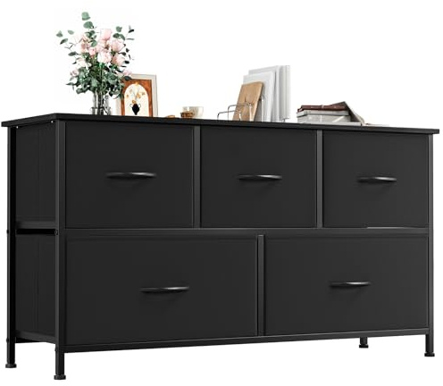 Somdot Kommode mit 5 Stoffschubladen, Schlafzimmer, Schwarz | Komodenschrank, Stoffkommode, Großer Stauraum, Metrallrahmen, Holzwerkstoffoberplatte,Wohnzimmer, Flur, 30T x 100B x 55H