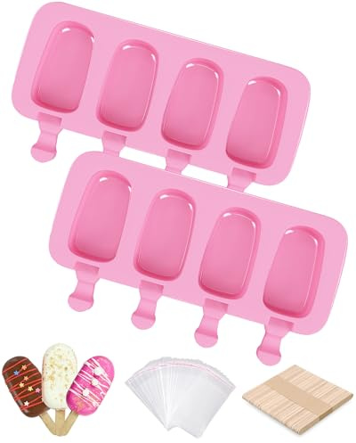 Ouddy Life Popsicle Molds Set of 2, Ice Pop Molds Silicone 4 Cavities Ice Cream Mold Oval Cake Pop Mold with 50 Wooden Sticks for DIY Popsicle, Pink
