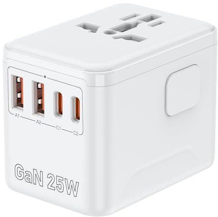 Adaptatore universale per viaggi con USB-C e 4 USB – Caricamento Rapido 25W, Alimentatore 2500W – Compatibile con USA, UE, Giappone, Regno Unito, Australia, Messico e 180+ paesi (Blanco)