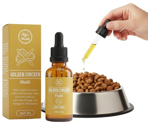 Aceite vital Alfi's Golden Chicken – Alimento vegano con omega-3 y -6, antioxidantes de onagra, aceite de oliva y linaza – 100% vegetal rico en nutrientes