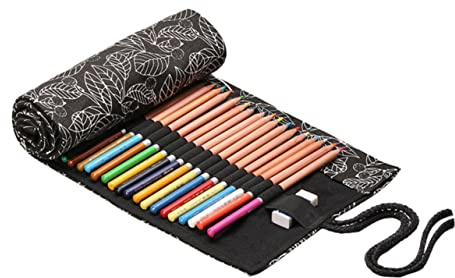 HOMSFOU Praktische Stifterolle aus Canvas mit 48 Fächern Großes Fassungsvermögen Platzsparend Elegantes Design für Reisen und Malen