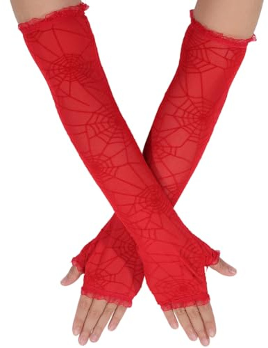 CABODYALS Rote Fingerlose Gothic Handschuhe Aus Netzstoff Spinnennetz Halloween Armstulpen Durchsichtig Lang Gothic Punk Spinnennetz Trendige Spitze Hexe Zerrissene Armstulpen Für Damen Kostüm Cosplay