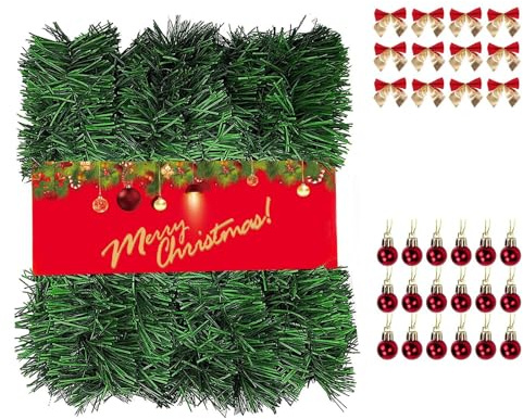 22M Weihnachtsgirlande mit 45 Schleifen und 45 Weihnachtskugeln Kann, Weihnachtsdeko Weihnachten Girlande im Tannengrün für Outdoor Indoor Weihnachtshochzeitsparty Kränze Dekorationen