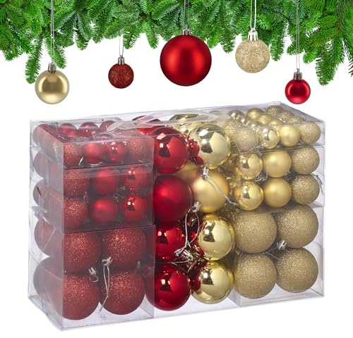 Relaxdays Weihnachtskugeln 100er Set, Weihnachtsdeko, matt, glänzend, glitzernd, Christbaumkugel ∅ 3, 4 & 6 cm, Gold/rot