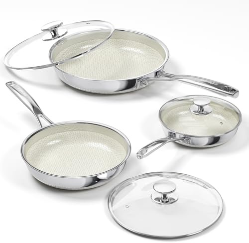 Innerwell Pfannenset 3-teilig 20+26+30 cm aus Edelstahl mit Deckel, Keramikbeschichtung, dreischichtiges Mix-Edelstahl-Kochgeschirr-Set, pfannenfreundlich, backofen- und spülmaschinenfest