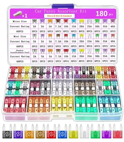 180 Pcs Car Fuse Assortment Kit, Mini & Standard & Micro Blade Fuses, Comprehensive Set for Car, RV, Truck, Motorcycle(2Amp 3A 5A 7.5A 10A 15A 20A 25A 30A 35A 40A)