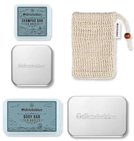 NEU: Störtebekker® Premium Duschset Hair & Body | 1x Festes Shampoo & 1x Festes Duschgel Sea Breeze für Herren & Damen | inklusive 2 Seifendosen & Sisal Bag | vegan & handgefertigt