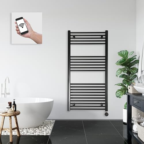 anapont WLAN- & Bluetooth elektrischer Badheizkörper 1175x600 schwarz | Handtuchheizkörper mit Thermostat & Timer | 600 W | IPX5 | Made in Germany,