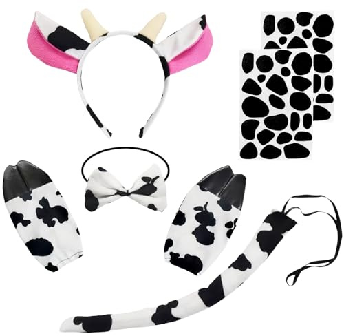 YAEGIMHT Kuh Kostüm Accessoires Kinder/Erwachsene 7er Set – Tierkostüm Zubehör mit Ohren Haarband, Krawatte, Handschuhen & 2 Kuh Tattoo Aufklebern – Karneval Fasching Halloween Verkleidung