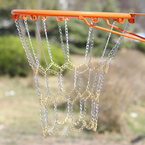 Jotekonoby Basketballnetz aus Metall für Standardreifen mit Kette in Felgen, silberfarbener Rahmen, verzinkt, Sport, Gold, Doppelfarbformat, robustes Outdoor-Glieder (Silbergold)