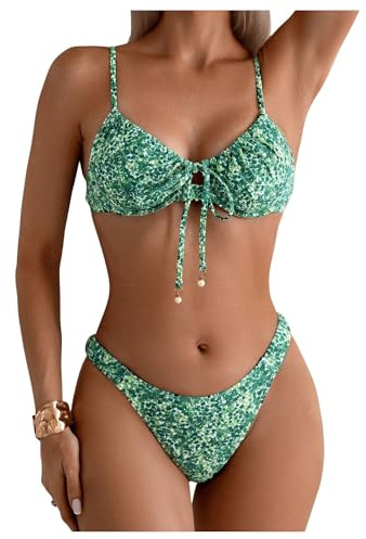 Giyaluzw Bikini Damen Set Triangel Bikinis für Frauen Blumenmuster Sommer Sport Badeanzug Tanga für Strand, Pool & Urlaub (DE/NL/SE/PL, Alphanumerisch, XL, Regular, Regular, Grün)
