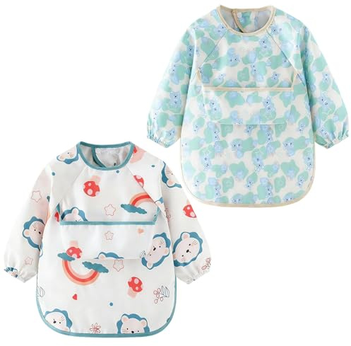 Gripiti Baby Bibs with Long Sleeves 2 Pcs, Waterproof Weaning Bib with Large Pocket Unisex Machine Washable Adjustable Feeding Apron for Infant Toddler Painting 6 Months to 3 Years Old (Bear+Lion)