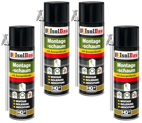 Isolbau B2 Montageschaum mit Aussprührohr - 4 x 500 ml PU-Bauschaum für Montage, Isolierung, Abdichtung, Innen & außen