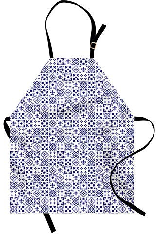 ABAKUHAUS Indaco e Bianco Grembiule, Mattonelle Piazza Abstract Pattern, Comodo per la Cucina Unisex con Collo Regolabile per Cucinare Cuocere Arrostire e Giardinaggio, Indigo Bianco
