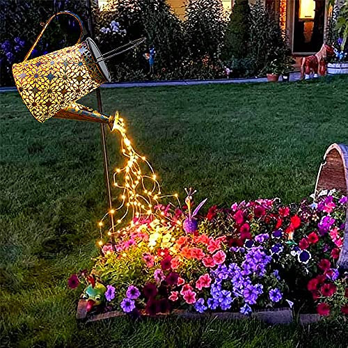 LINTRY Solar Gießkanne, Solarlampe Gießkanne Wasserfall für Außen mit Lichterkette Aussen, Metall Vintage Solarleuchten Gartendeko mit Schäferhaken für Garten Balkon Tisch