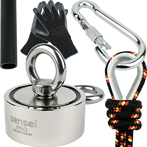 SENSEI Set 150 kg, Doppelseitiger N52 Neodym-Magnet mit 2 Ösen, Ø6 x H2,7 cm, Segelseil 25 m, Schutzhandschuhe + Zubehör