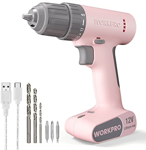 WORKPRO 12V Cordless Drill Driver with Battery 1500 mAh, 3/8'' Chuck Keyless Electric Screwdriver, 17+1 Torque, Pink Power Drill for Drilling and Tightening/Loosening Screws