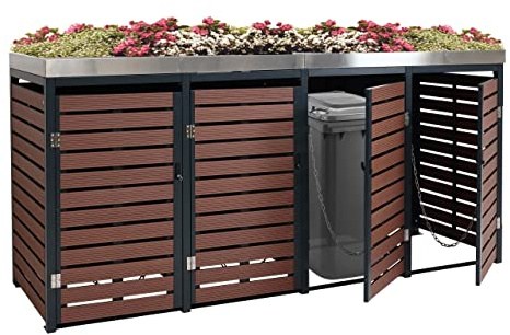 4er Mülltonnenverkleidung HWC-K14AM, Mülltonnenbox mit Pflanzkasten, 124x265x84cm WPC Edelstahl - Walnuss-Holzoptik