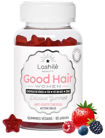 Lashilé Beauty - Complément Alimentaire - Anti-Chute Cheveux, Croissance & Force - Good Hair Women Vitamines Made in France -Biotine, Zinc, Fer, MSM, Vitamines B6 - Cure 1 Mois 60 Gummies