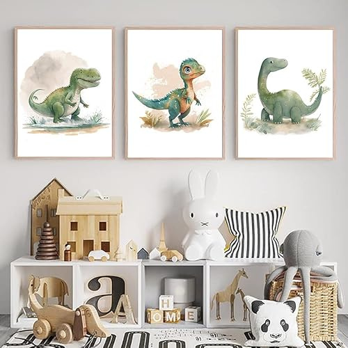 Ensemble de 3 Dessin Animé Dinosaure Jungle Dino Baby Shower Affiche Pépinière Toile Peinture Mur Art Imprimer Photo Enfants Enfants Chambre Chambre Décor-40 * 50Cm/16 * 20Inch (Sans Cadre)