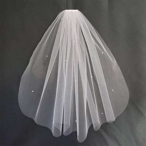 HIFFEY Perlen Hochzeit Schleier Brautschleier Kurzes Brautaccessoire Eine Schicht mit Kamm Brautschleier Kopfschmuck(Ivory)