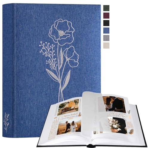 Lanpn Album Fotografico Scrapbooking, Piccolo Lino DIY Scrapbook 60 pagine bianche con divisori di cellofan, per foto 9x13 cm 10x15 cm 13x18 cm (Blu, 19x27cm)