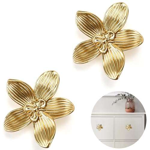 Boutons d'Armoire et de Commode - 2 Pièces à Fleurs Dorées - Poignées Vintage pour Meubles, Tiroirs, Chambre à Coucher et Salle de Bain