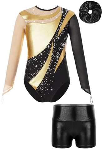 Oyolan Enfant Fille Justaucorps Gymnastique avec Short Ensemble Tenue Patinage Danse Spectacle Costume 5-16 Ans A Or Noir 15-16 ans