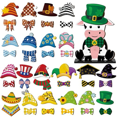 Anglechic 42 Pcs St Patrick's Day Small Interchangeable Cow Figurine Farmhouse Holiday Cow Office Decor Seasonal Sign Desk Accessories Tier Tray Decoration Home Rustic Wood Welcome Ornament Gifts