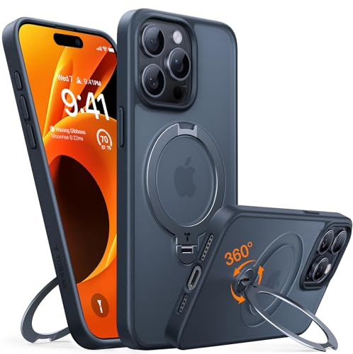 TORRAS Ostand Q3 Spin für iPhone 15 Pro Hülle mit 360° Ständer Schwarz | (360° Magnetischer Unsichtbarer Ständer) Zertifizierte Militärschutz, Stoßfest Rückseite Handyhülle