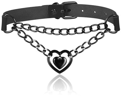 JJDreams Punk Halsband Gothic PU Leder Halsreif mit Kette Herz Anhänger elegant Choker Kragen schwarz Damen