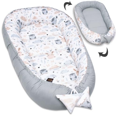 PaLulli Babynest Babynestchen 50x90 cm Babykokon, 2seitig, 100% Baumwolle, Nestchen für Babybett, Kuschelnest, Kissen, Reisebett für Baby und Säuglinge (Tiere)