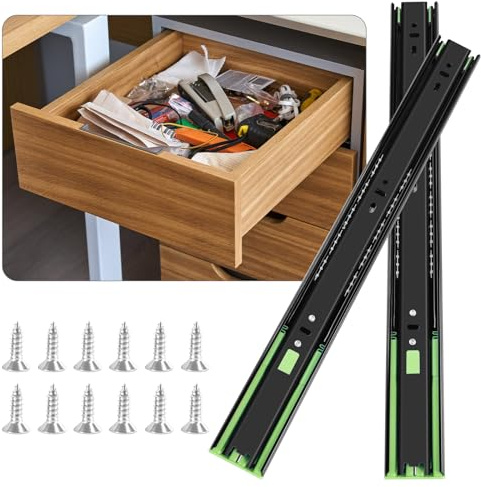 Schubladenschienen vollauszug 6 paar (12 Stück), 45 cm Weiche Selbstschließende Schienen für Schubladen, Kugellager Gleitschiene 3-fach vollständig dehnbar Seitenmontage schubladenführungen, Schwarz