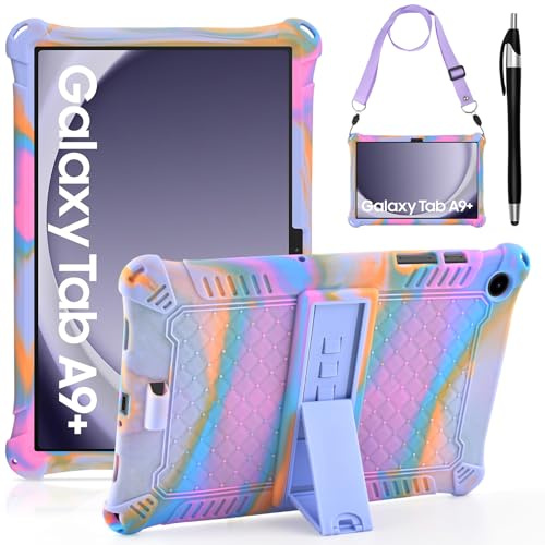KATUMO Silicone Case for Samsung Galaxy Tab A9 Plus / A9+ 11 Inch | for 2023 Model (SM-X210/X216/X218), Soft Rubber Cover with Stylus Pen, Detachable Adjustable Shoulder Strap, Three View Angle