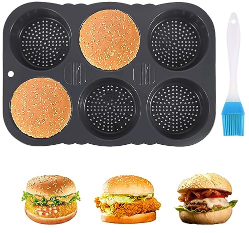 BigKing Silicone Hamburger Mold, Foldable Bread Baking Mold with Air Holes, Non-Stick Large Kitchen Baking Tools for Bread Hamburgers Cakes Muffins (6)