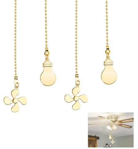 JEPELUS 4PCS Ceiling Fan Pull Chain, 14 Ceiling Fan Chain Extra Long with 4 Leaf Light Bulb, Fans Chains Extensions with Ball Chain-connector, Lighting Beaded Ball Chains Pendant Decoration (4*Gold)