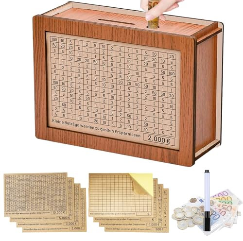 Viechoes Spardose aus Holz,sparbox mit Zahlen ankreuzen,goalsaver Box,geldbox,Wiederverwendbare spardose,sparschwein mit Marker,spardose 10,000€ 500€ 1,000€ 2,000€ 3,000€ 5,000€ Euro(8 Stück)