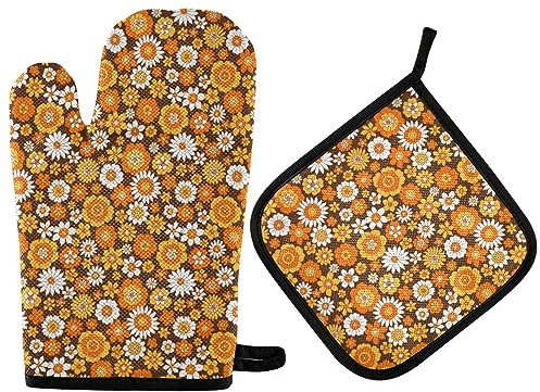 Vikeiac Ofenhandschuhe und Topflappen, 60er-/70er-Jahre-Stil, Retro-Blumenmuster, Küchenhandschuhhalter, hitzebeständig, Küchenhandschuhe für Grillen, Backen, Grillen, Orange