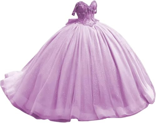 Fuomomo Beaded Off Shoulder Quinceanera Dresses with Bow Sweet 16 Dress Quinceanera Formal Long Prom Dresses MT034 Lilac