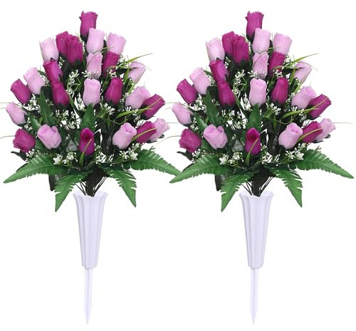 Lodou Artificial Cemetery Flowers,Outdoor Grave Decorations Roses,Arrangements Bouquet with Cemetery Vase, Silk Flowers for Long-Lasting Remembrance (Purple)