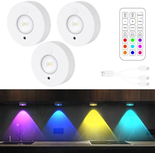 3pcs Puck luce ricaricabili con telecomando, 3 temperature di colore e 9 RGB sotto il mobile, Luci magnetiche dimmerabili per la cucina