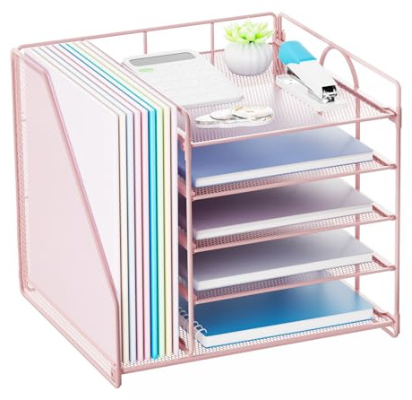 Restorgan Schreibtisch Organizer mit Aktenhalter, 5-stöckiges Papier Briefkasten Organizer, Desktop Organizer und Aufbewahrung, Mesh Schreibtisch Organizer und Zubehör für Bürobedarf zu Hause,Rosa
